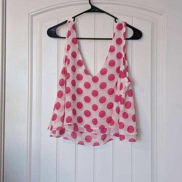 Necessary Objects Polka Dot Cropped Top White Pink Medium Flowy Sleeveless Layer - Picture 5 of 6
